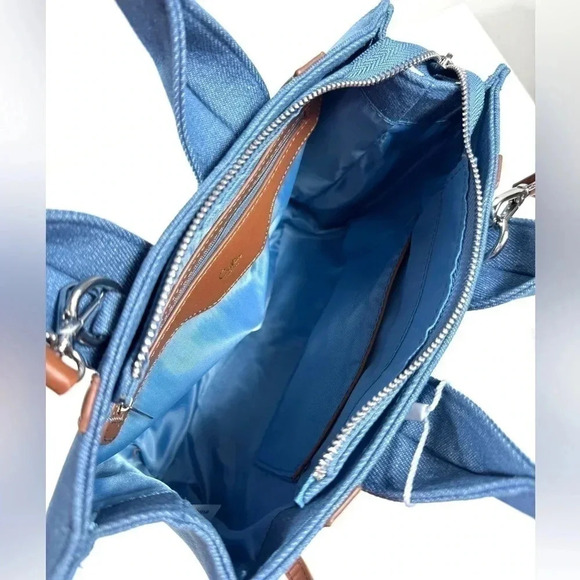 New MKF Denim Crossbody Satchel Tote Bag Blue Brown Casual Everyday - Picture 7 of 8